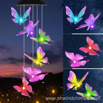 Purple Butterfly Solar Wind Chimes for Outdoor Use with Color Changing Feature